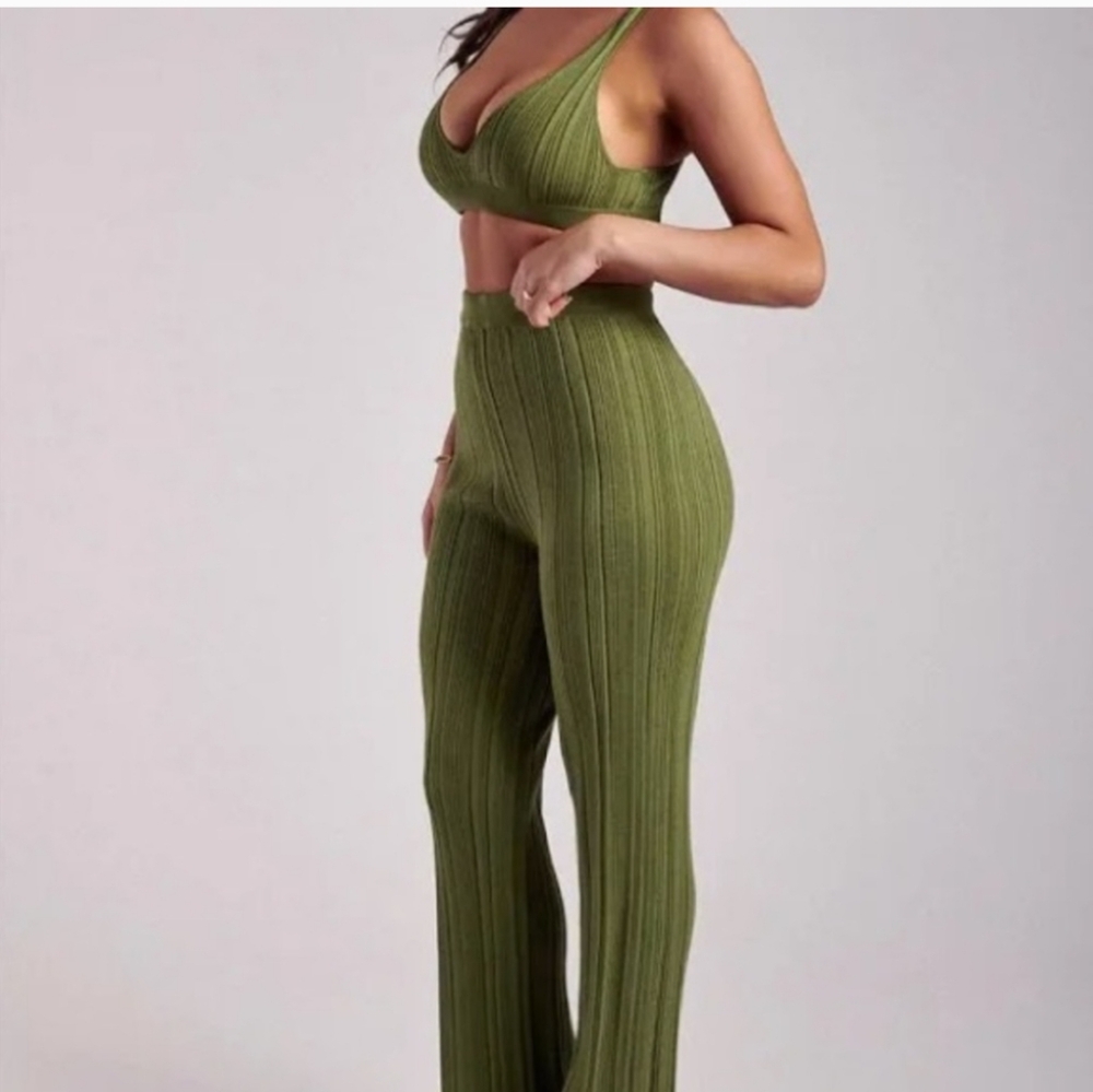Olive Green Ribbed Knit Pants Meshki Set